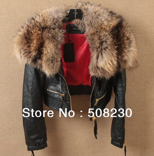 Free shipping fashion gold zipper real leather dressed raccoon fur dsq 2 short coat genuine leather Jacket for women