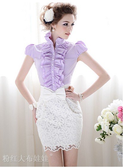 Free Shipping Fashion Graceful Falbala Puff Short Sleeves Shirt Purple , Women's Shirt