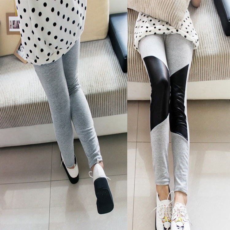 Free shipping Fashion gray cotton knee patchwork leather slim ankle length trousers plus size legging long johns female