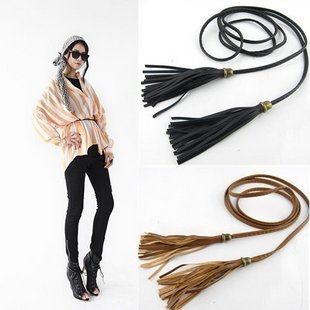 Free Shipping Fashion Handmade Leather Tie Clasps Women's Waist Rope Tassel Thin Chain Belt
