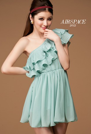 Free Shipping Fashion High Quality Single Shoulder Lotus Leaf Layer Chiffon Dress Four Colors