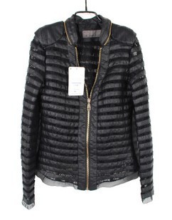 Free shipping Fashion high quality stripe lace patchwork PU water wash stand collar leather clothing