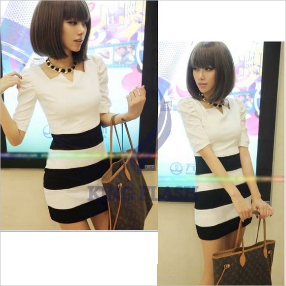 free shipping fashion Hot Women Korea Stripes Puff Sleeve Spliced fashion Mini Dress