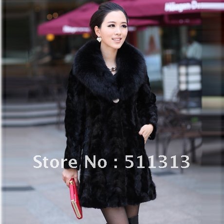 FREE SHIPPING fashion huge fox collar long mink fur coats