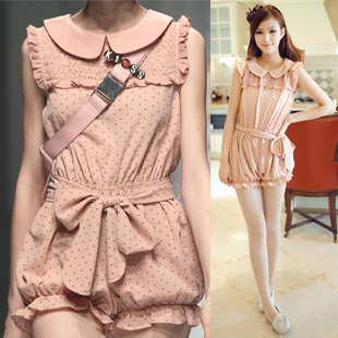Free shipping fashion jumpsuit overall summer love polka dot chiffon bow belt bloomers jumpsuit one-piece shorts wholesale 9588