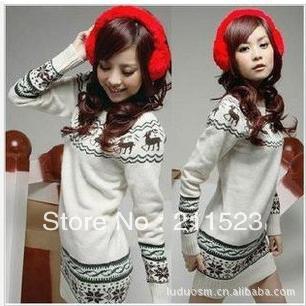 Free shipping!!! Fashion Knitted pullover sweater for women, Deer print o-neck style long sweaters for ladies