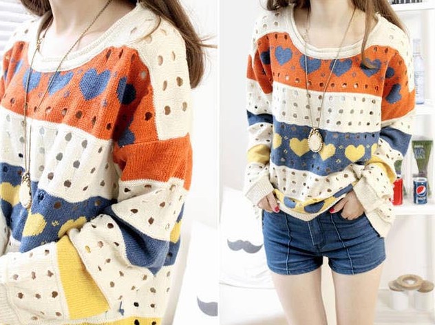 Free Shipping Fashion Korea Women's Pullover Sweater Hollow out Heart Design Knit Sweater 70207
