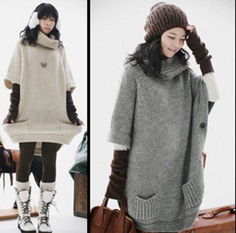 Free Shipping Fashion Korea Womens Higher Collar Button Pocket Long Sweater Knitwear Sweater KS001