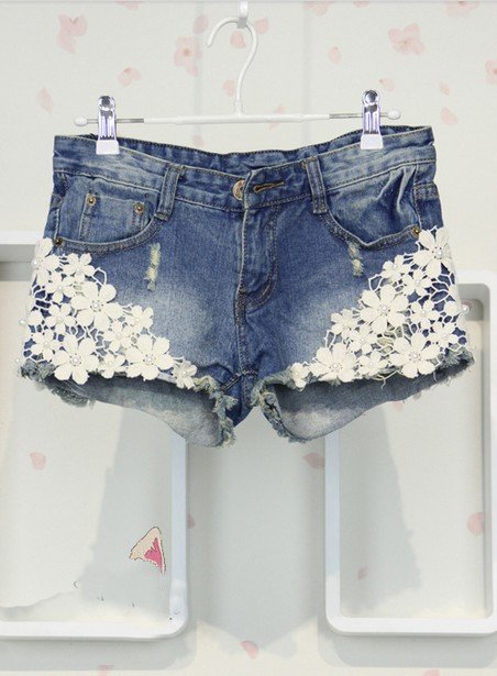 Free Shipping Fashion Korean Style Sweet Lace Embellished Denim Shorts Blue , Fashion Women's Shorts, Pants+Wholesale/Retail