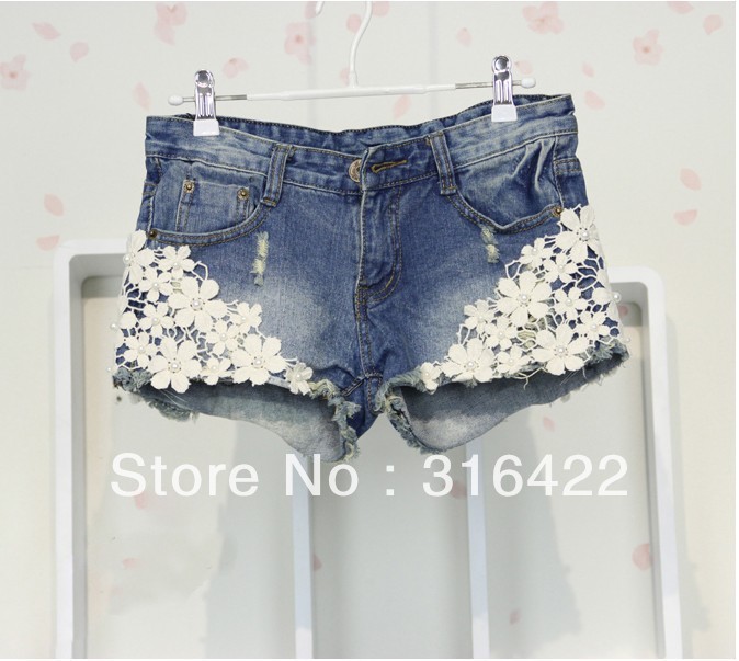 Free Shipping Fashion Korean Style Sweet Lace Embellished Denim Shorts Blue , Fashion Women's Shorts, Pants+Wholesale/Retail