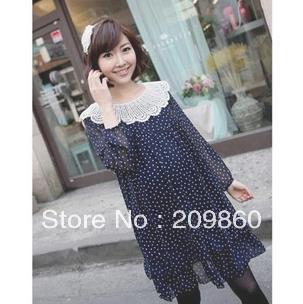 Free shipping ! Fashion lace hollow-out peacock big collar polka dot dress big size pregnant dress