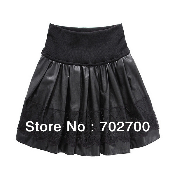 Free Shipping Fashion Lace Patch Pleated PU Leather Skirt