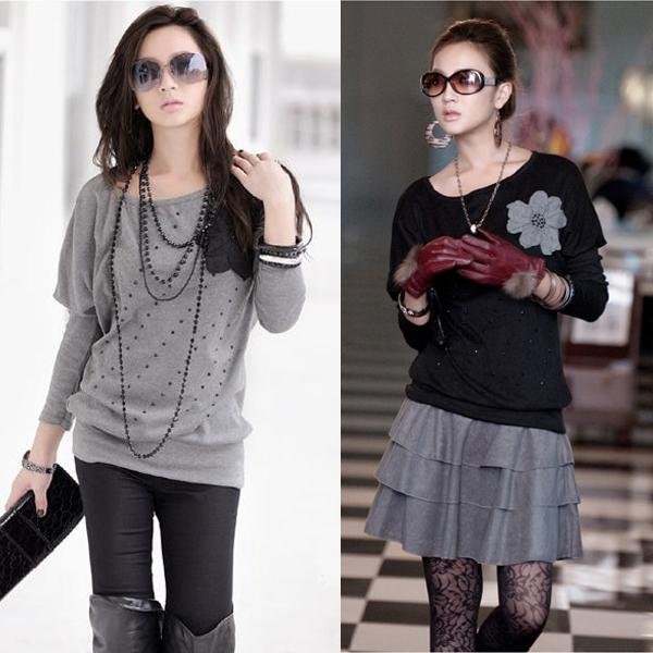 Free shipping Fashion Lady Top Dress Batwing Long Sleeve Blouse Loose Casual T-shirt FZ486