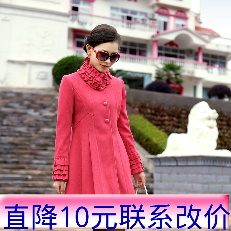 Free shipping  fashion large lapel single breasted outerwear women's overcoat women's trench pleated one-piece dress