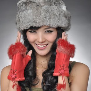 Free Shipping Fashion  Leather Goves For Women,Winter Half Finger Glove , Mittens ,Real Rabbit  Half Finger Fur Gloves Gift
