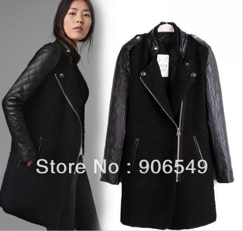 Free Shipping Fashion Leather Sleeve Women Long Coat  Skin Patchwork  woolen Jackets Coat
