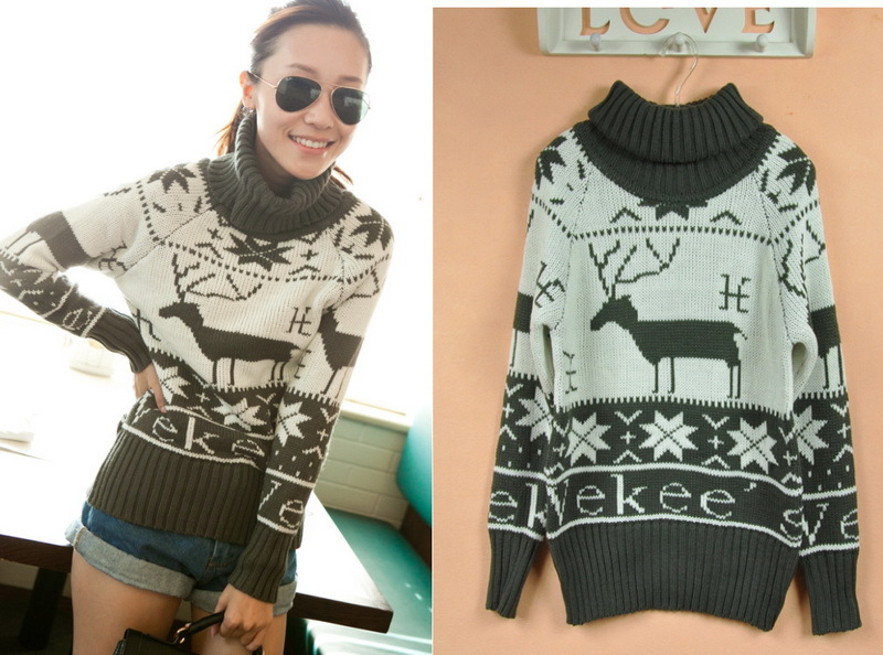 Free Shipping Fashion Leisure All-match Turtleneck Christmas Deer Computer Jacquard Long-sleeve Sweater Women's Pullover Sweater