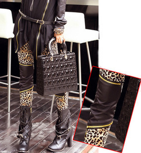 Free shipping Fashion Leopard Slim Zipper Leather Leggings