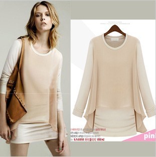 free shipping fashion loose Knitting + chiffon long-sleeved dress for women Blouses T-shirt women clothes retail /wholesale