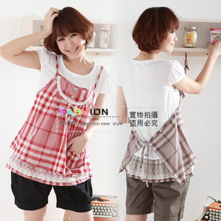 Free Shipping Fashion maternity clothing faux two piece spaghetti strap top maternity top short-sleeve ns20191 3b