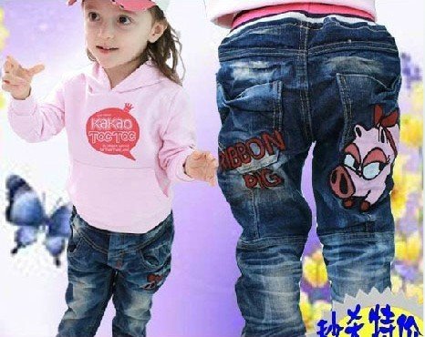 Free shipping fashion new girls casual denim trousers, the children Cartoon Pig jeans 5pcs/lot
