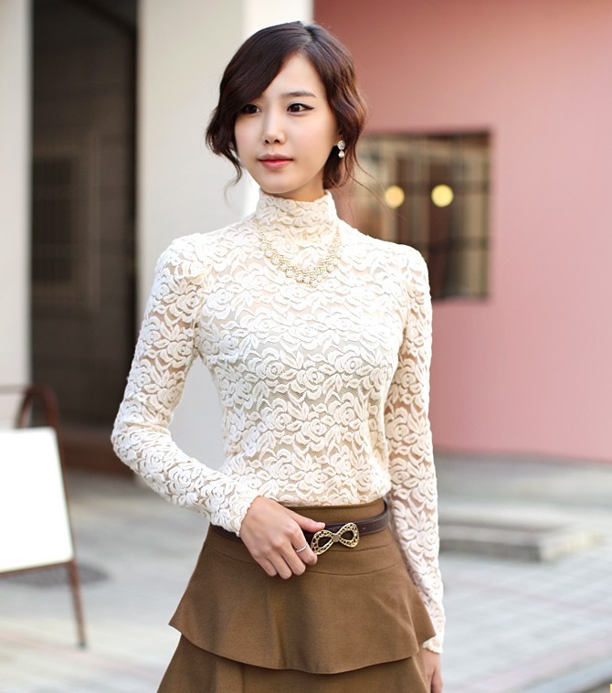 Free Shipping Fashion New Women's Long Sleeve Floral Lace Turtleneck Hollow Out Sexy Slim Top  Blouses T Shirts