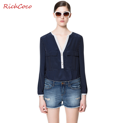 Free Shipping Fashion normic casual fashion color block polka dot loose long-sleeve large pocket V-neck chiffon shirt d048