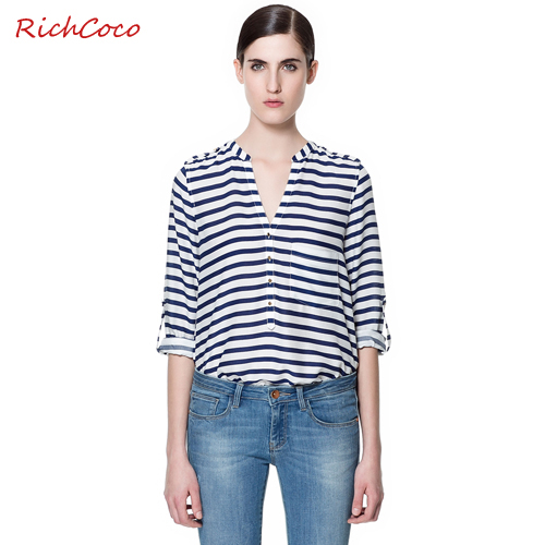 Free Shipping Fashion normic elegant fresh fashionable casual black and white stripe loose long-sleeve V-neck chiffon shirt d046