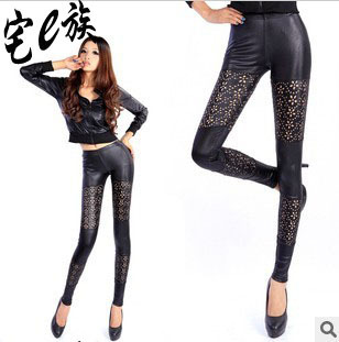 Free shipping Fashion normic fashion sexy ankle length trousers slim faux leather petals cutout ankle length legging meat