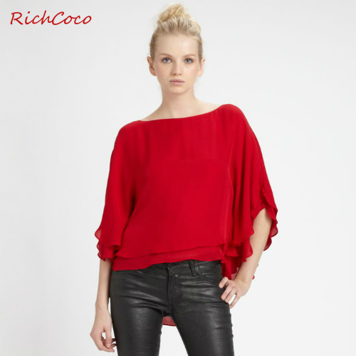 Free Shipping Fashion normic star style low-high slit asymmetrical neckline ruffle half sleeve chiffon shirt plus size female