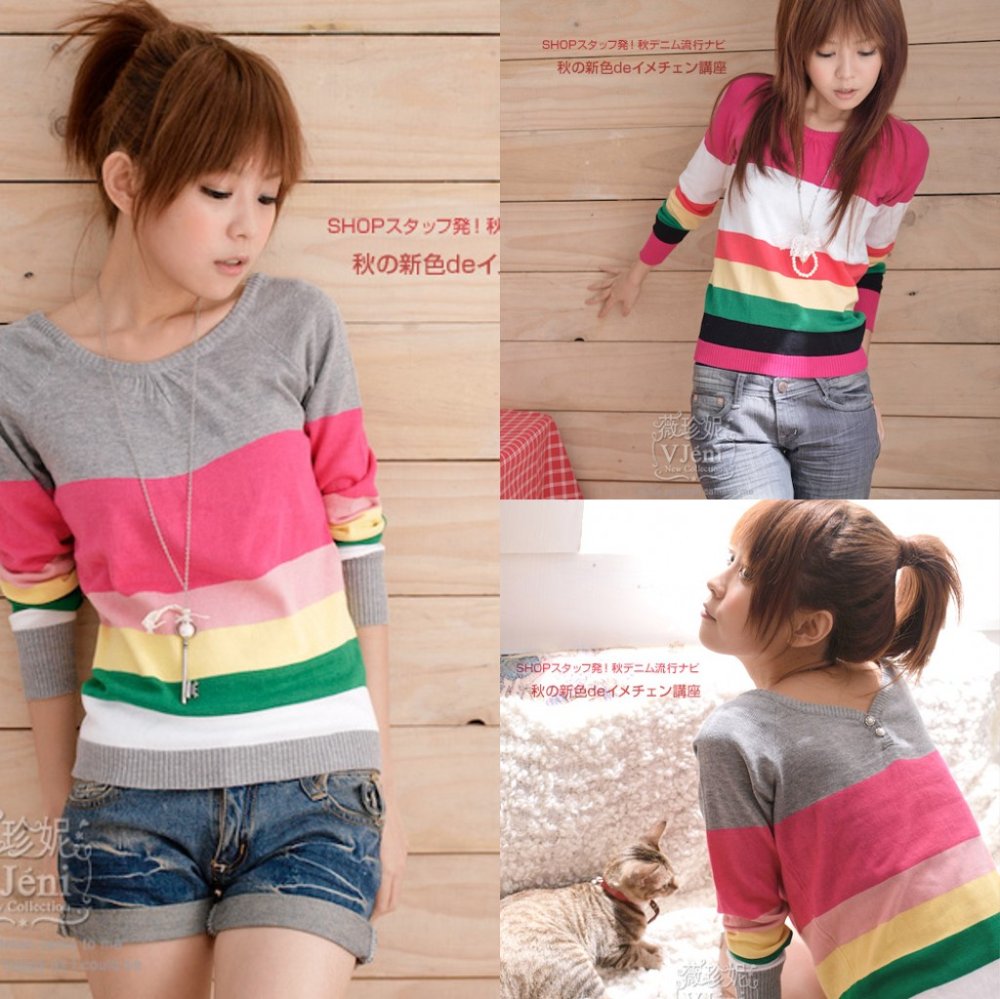 Free shipping  Fashion O-Neck knitted sweater women pullover long sleeve stripe sweaters