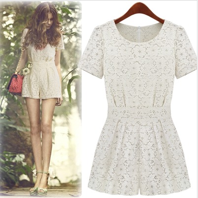 Free Shipping Fashion One piece Shorts Female Sweet Lace Crotch Cutout Short-sleeve Jumpsuit White