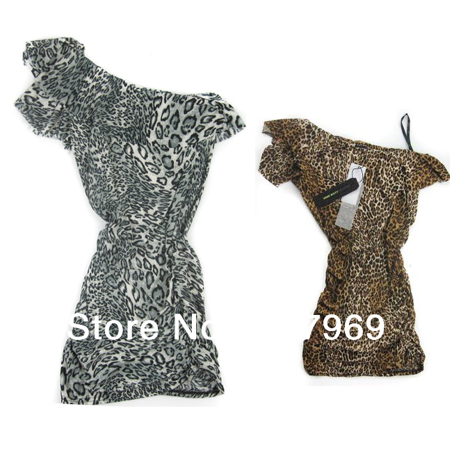 Free Shipping Fashion One Shoulder Flounces Women  2 Colour Leopard Sexy Mini Dress