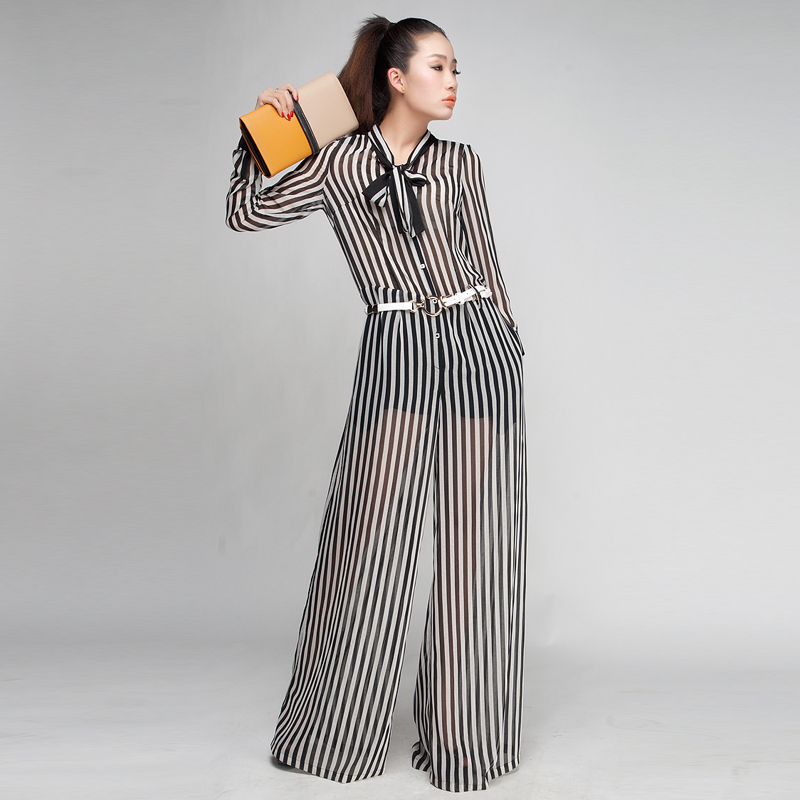 Free shipping Fashion pants suit women 2013 Jumpsuit wide leg pants women's chiffon jumpsuit female plus size overall Striped