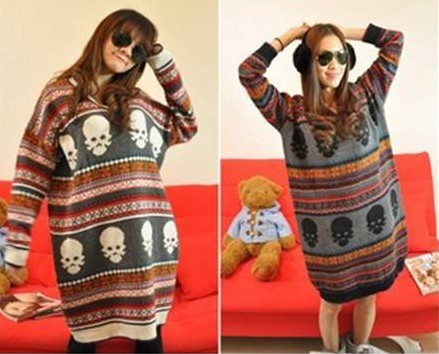 Free shipping,fashion pattern skull casual loose long design dress sweater ,wholesale/retail