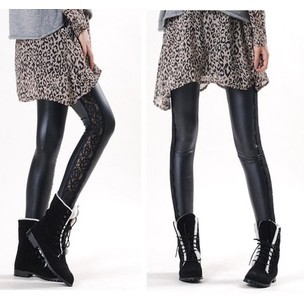 Free shipping Fashion pencil pants faux leather exquisite lace patchwork slim ankle length trousers legging