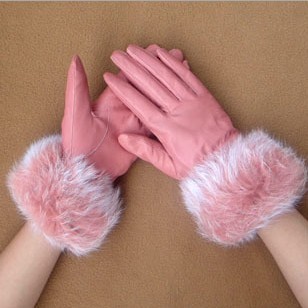 Free shipping  Fashion Pink Genuine Leather Winter Glove Women Made by Grade-A Lamb/Sheep Skin with Rabbit Fur Gift box packing