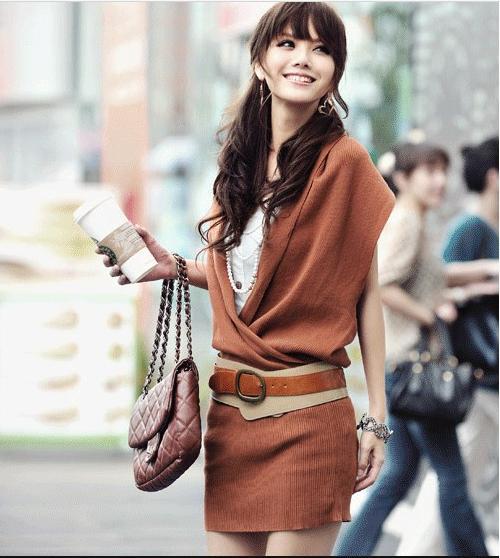Free shipping  fashion placketing V-neck knitted sleeveless sweater dress free belt - CAD342