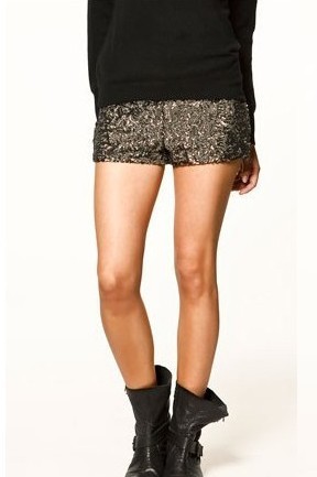 Free shipping fashion popular black gold sequins high elastic side zipper  hip shorts