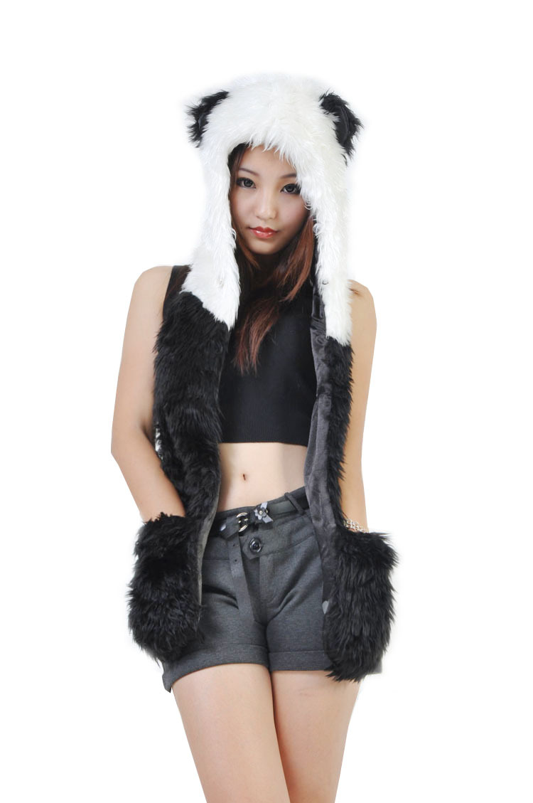Free Shipping Fashion Popular Fox Fur Animal Cap Performance Props Hat Ccarf Gloves One Piece Panda