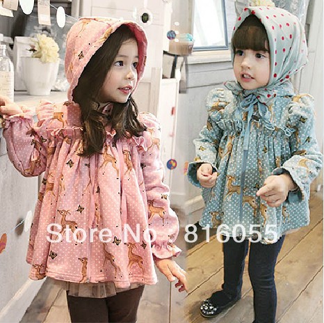 Free Shipping, Fashion Print Christmas Deer Girls Trench Coat, Hooded Jacket, Children Hooides Outerwear Coat