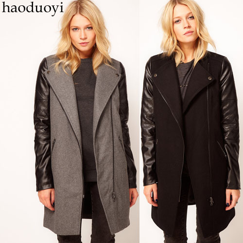 Free shipping Fashion PU patchwork woolen zipper trench stand collar epaulette woolen long design female outerwear