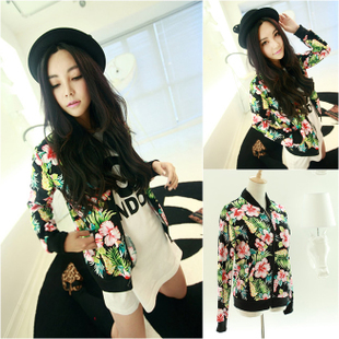 free shipping Fashion quality tropical stand collar flower print jacket female short jacket