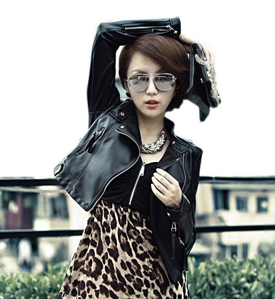 Free Shipping! Fashion Rivet Women's Soft Leather Jacket Short Outerwear Motorcycle Jacket 1001