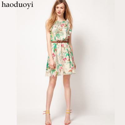 Free shipping Fashion ruffle collar and elegant flower print chiffon skirt one-piece dress with belt 6 full lace