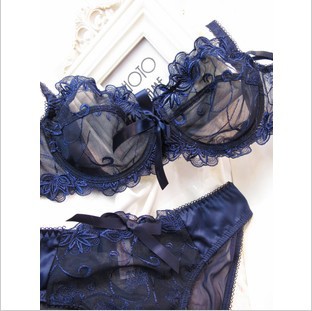 Free shipping + Fashion sexy embroidery ultra-thin navy blue gauze transparent bra underwear