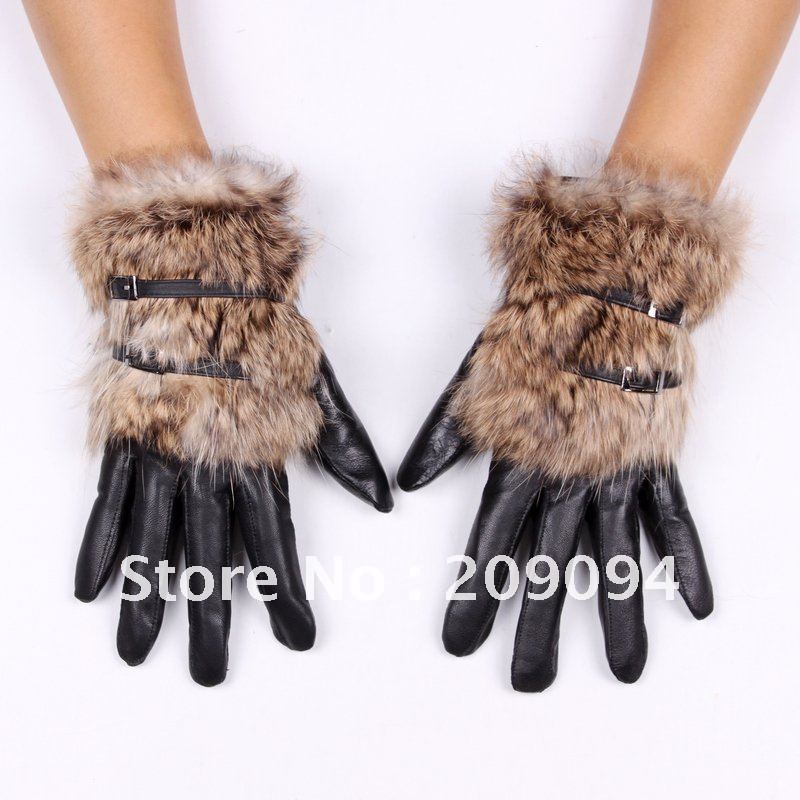 Free shipping fashion short design sheepskin genuine leather gloves women winter warm thermal rabbit fur gloves