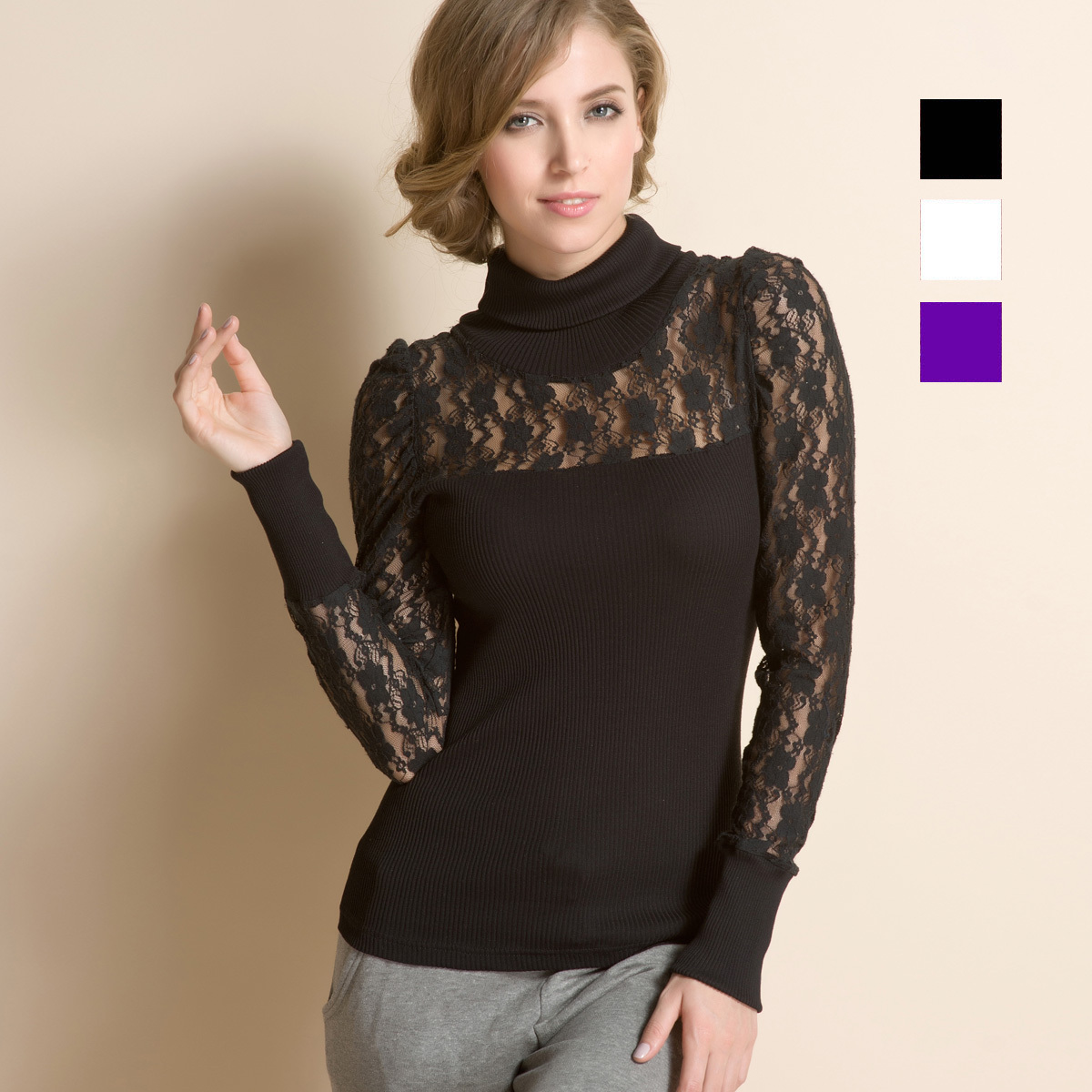 free shipping Fashion silk wire knitted lace xiangpin turtleneck long-sleeve basic shirt autumn yzw0719
