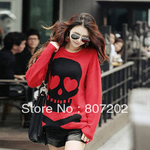 Free shipping fashion skeleton head long sleeve/o-neck red women's sweaters,Wholesale/Retail