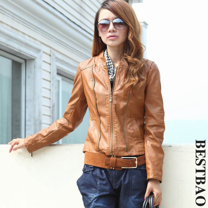 free shipping Fashion slim leather clothing zipper jacket bestbao female 8788